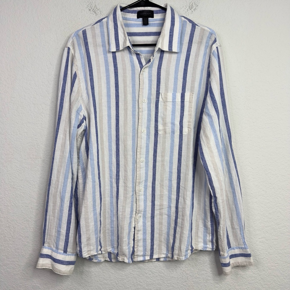 Magaschoni Shirt Mens M Blue White‎ Linen Blend Striped Coastal Vacation Career